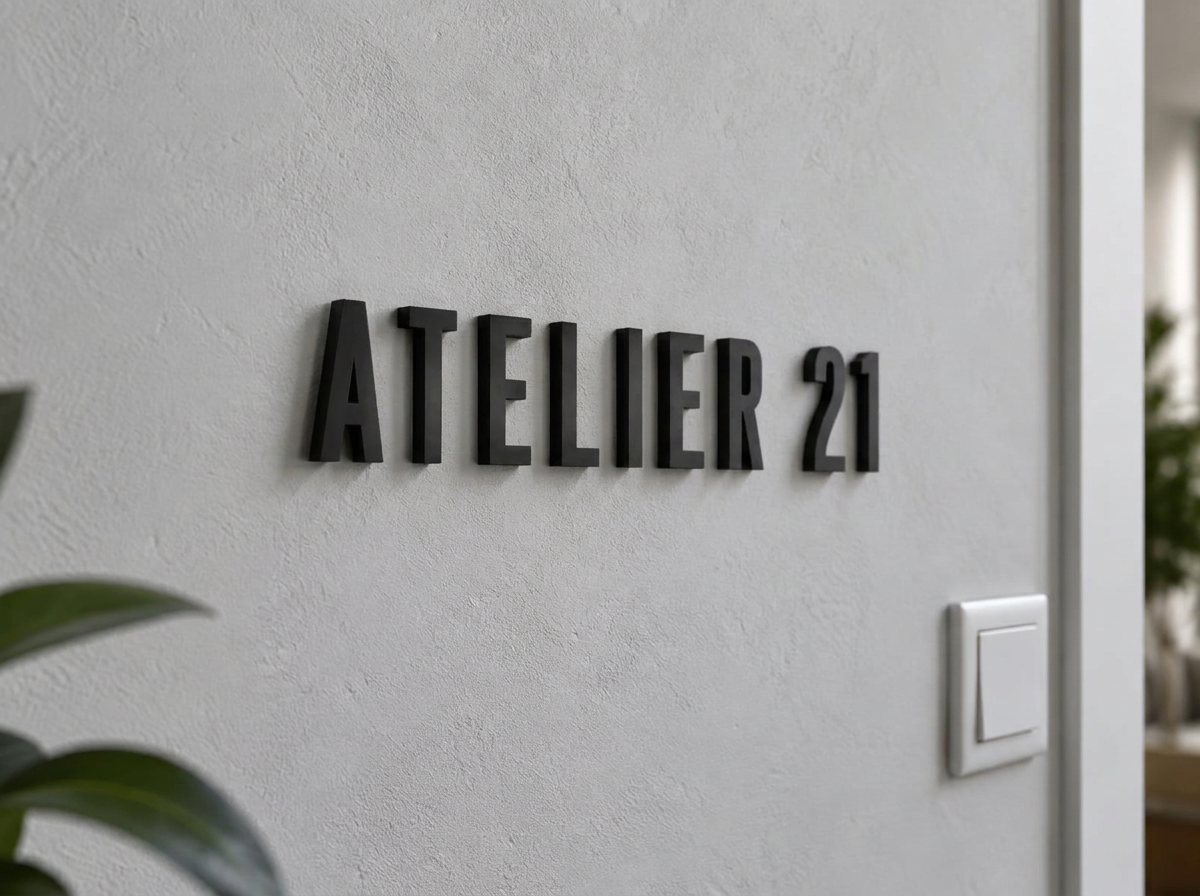 Mat zwarte losse 3D-letters 'Atelier 21' op een gestucte muur naast een lichtschakelaar
