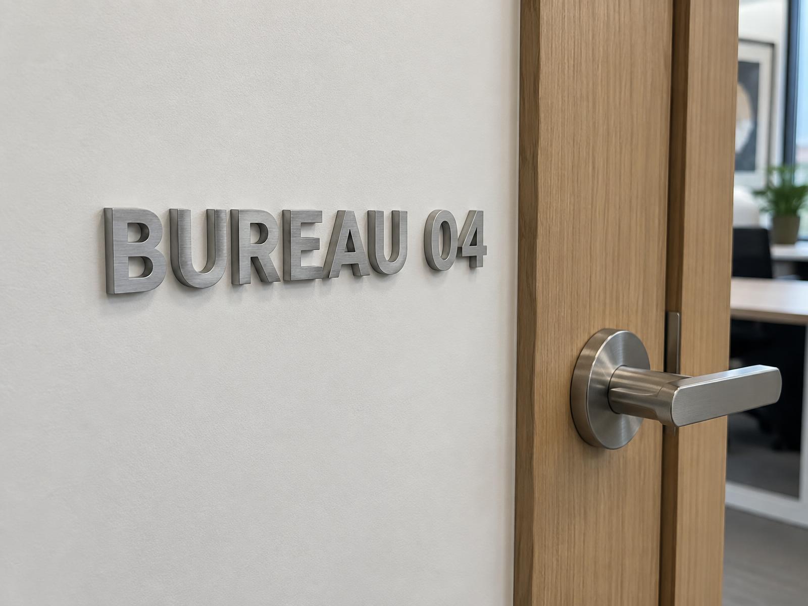 Geborsteld zilveren losse 3D-letters 'Bureau 04', gemonteerd naast een kantoordeurklink