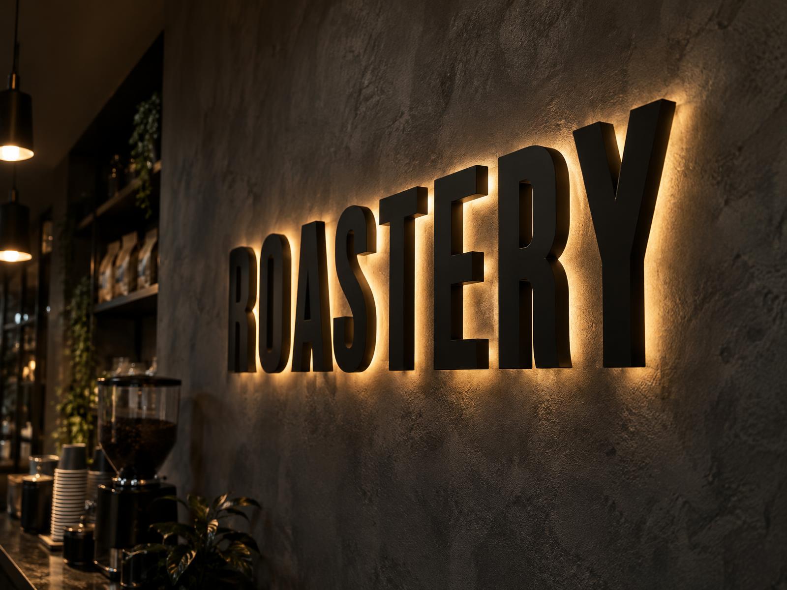 Mat zwarte 3D-letters 'ROASTERY' zwevend voor een donkere muur met warme gloed erachter