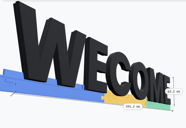 3D-render van zwarte letters op een blauw-gele tweedelige montagemal met afzonderlijke lettersteunen