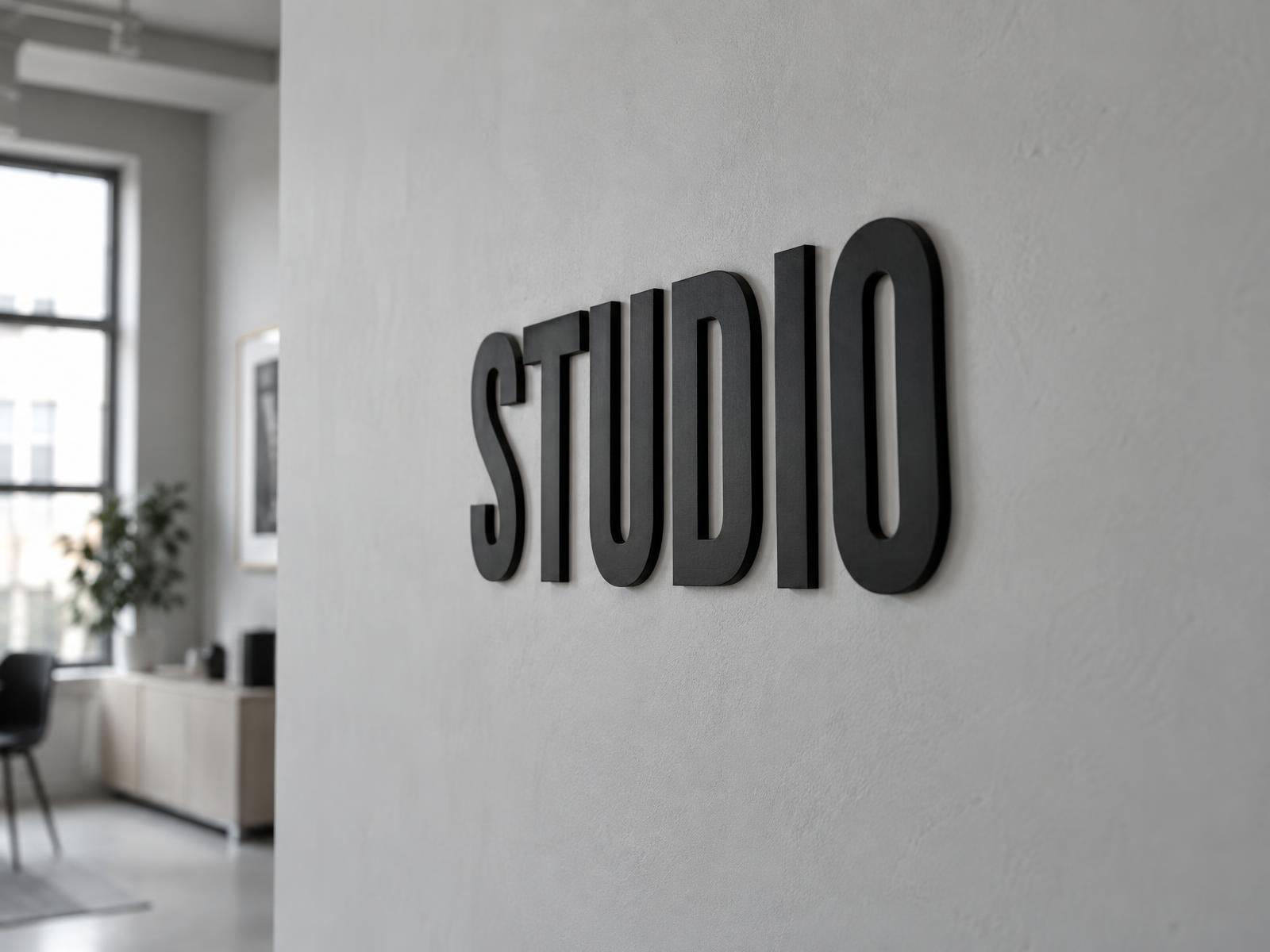 Mat zwarte 3D-letters 'STUDIO' plat op een lichtgrijze stucmuur geplakt