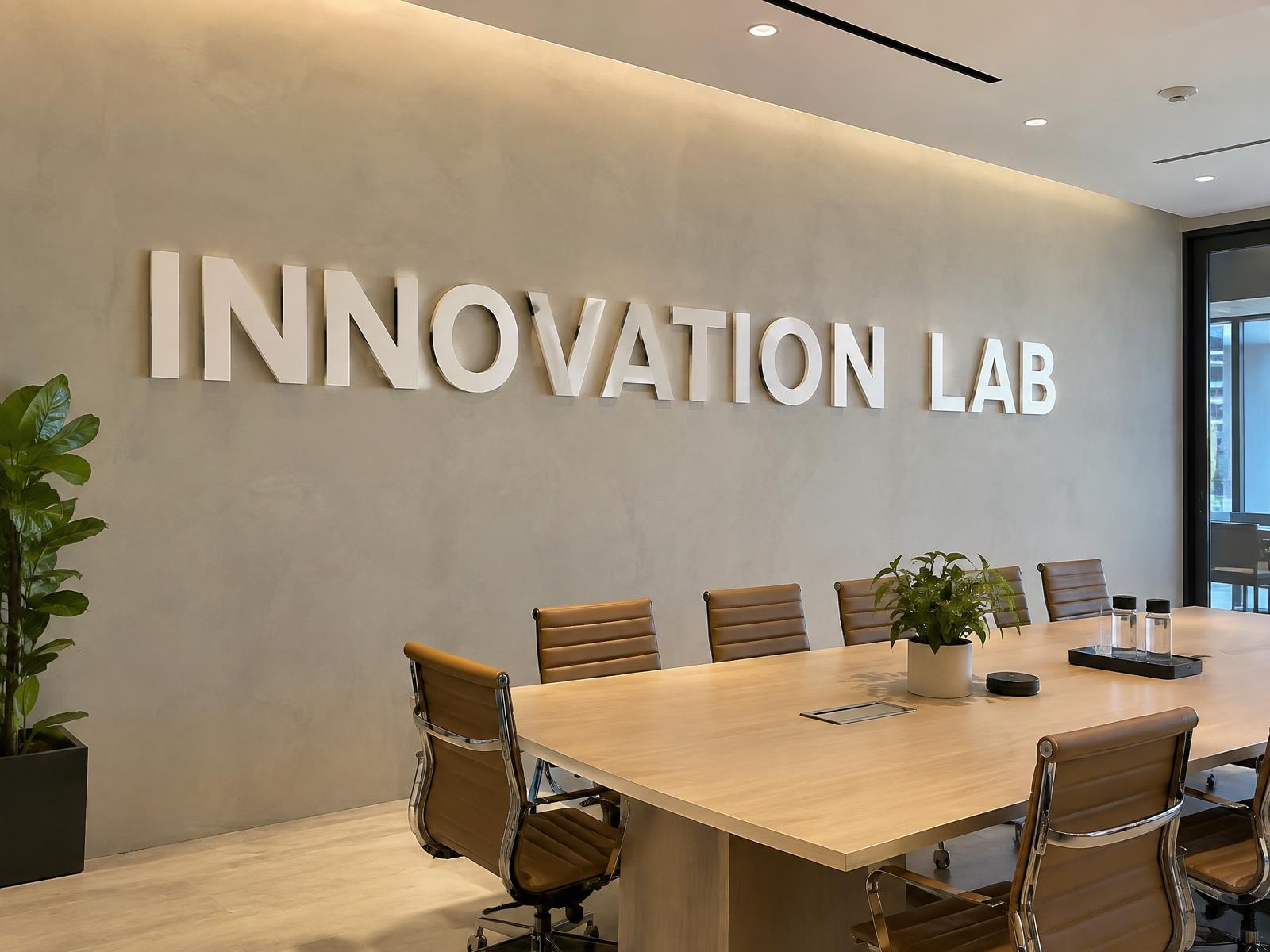 Witte 3D-letters 'Innovation Lab' op een lichte stucwand in een vergaderruimte