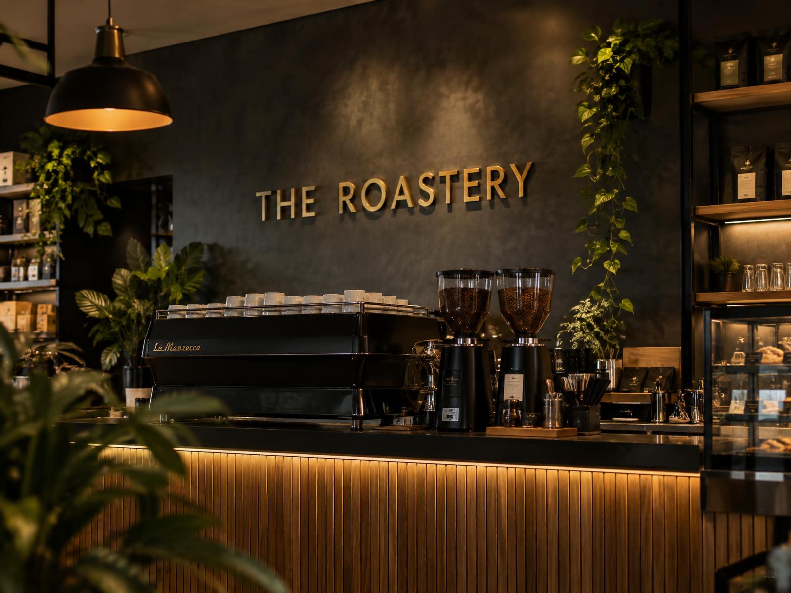 Gouden 3D-letters 'The Roastery' op een donkere betonwand boven een koffiebar