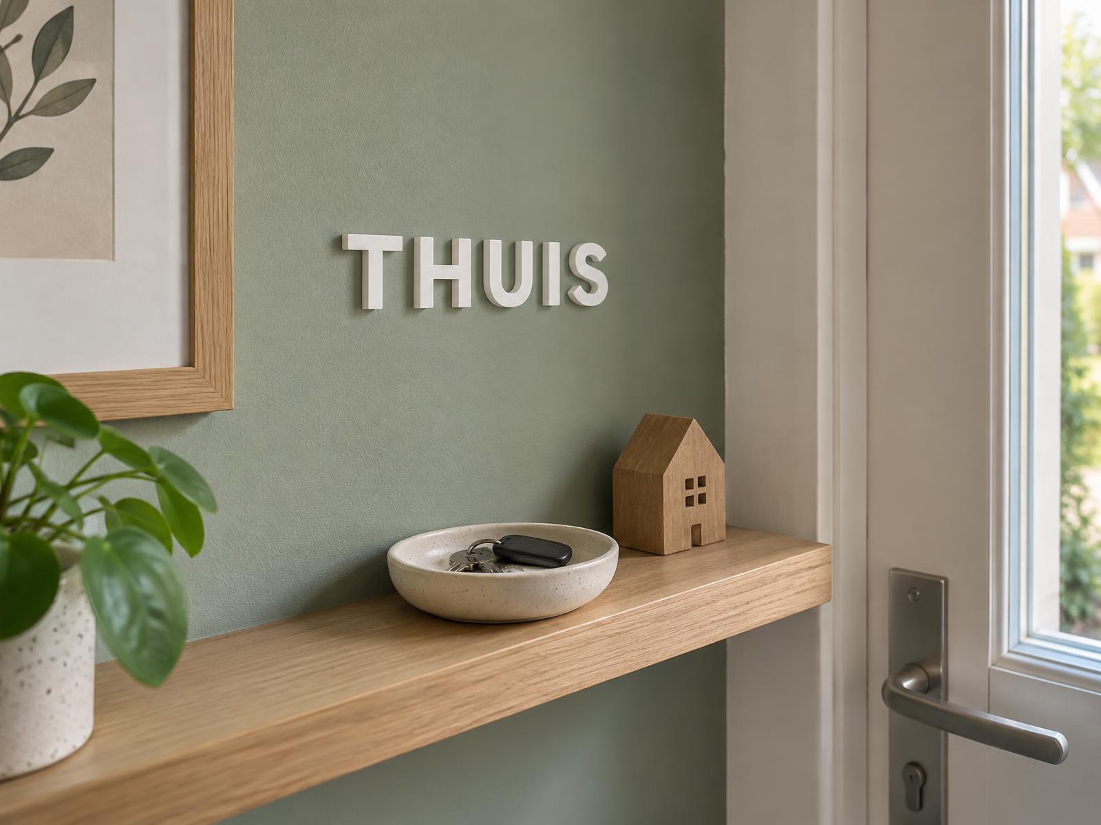 Zuiver witte losse 3D-letters 'Thuis' boven een sleutelplankje in een entree